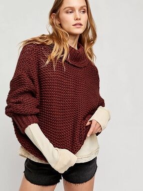 Free People My Only Sunshine Sweater sz S Chunky Burgundy Turtleneck Sweater